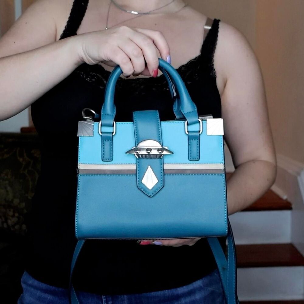 Little Rooms Blue UFO Bag Silver Hardware Crossbody Funky Mini Purse Space Teal